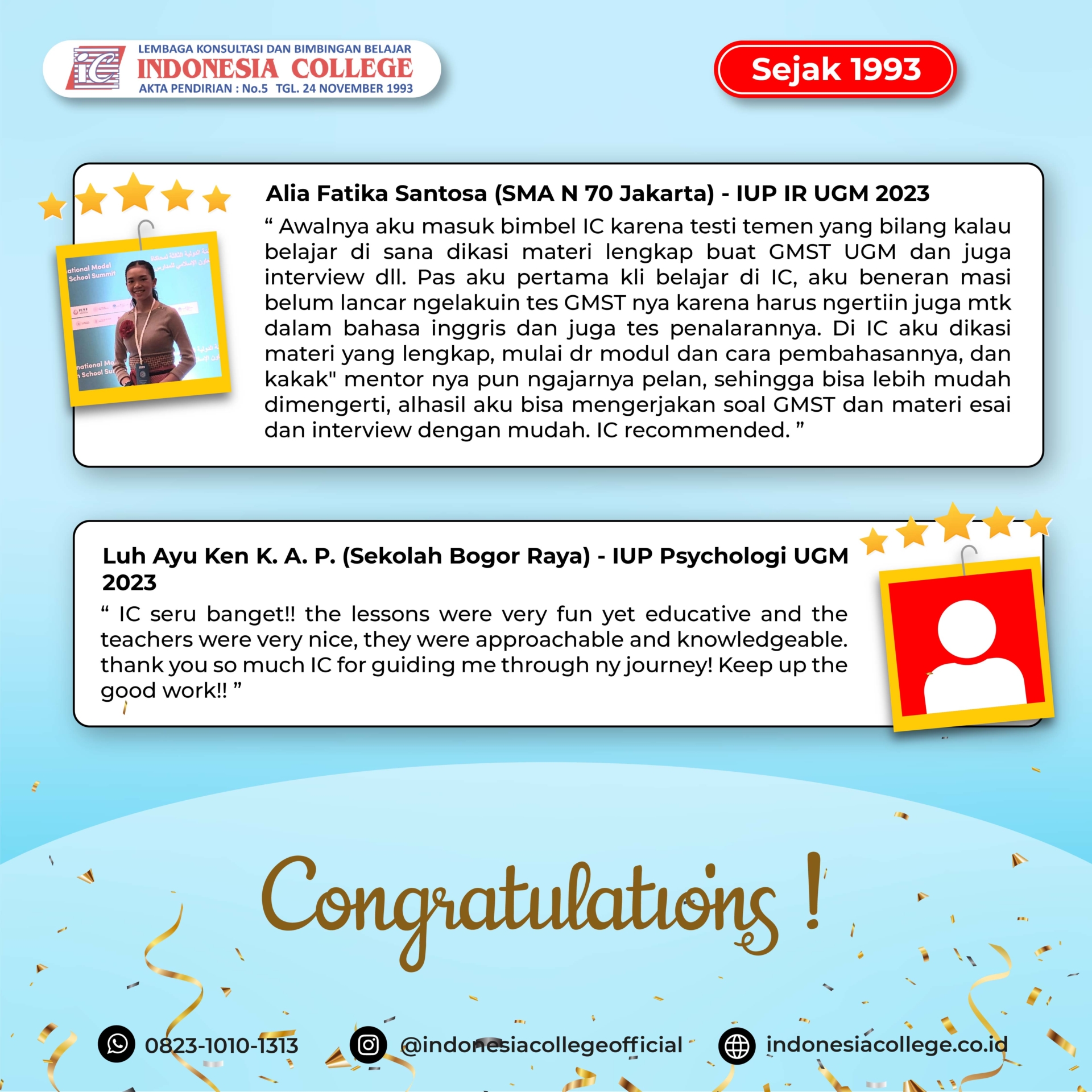 Testimoni Siswa IUP UGM 2023 - Indonesia College